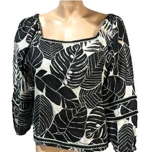 Cynthia Rowley Womens Size L Black White Leaf Balloon Sleeve Square Neck Top NWT